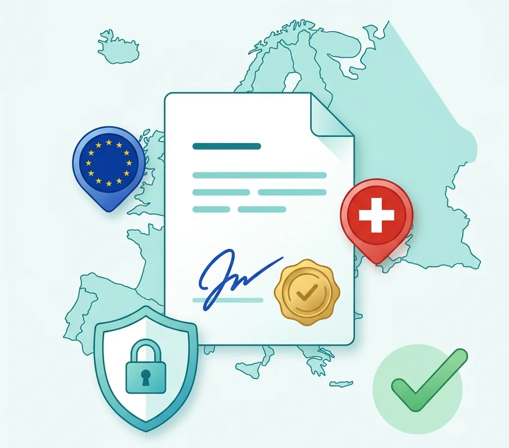 A signed EU document carrying a qualified electronic signature seal, flanked by the EU and Swiss flags, a shield-and-lock for data residency and a green approval checkmark, over a stylised European map