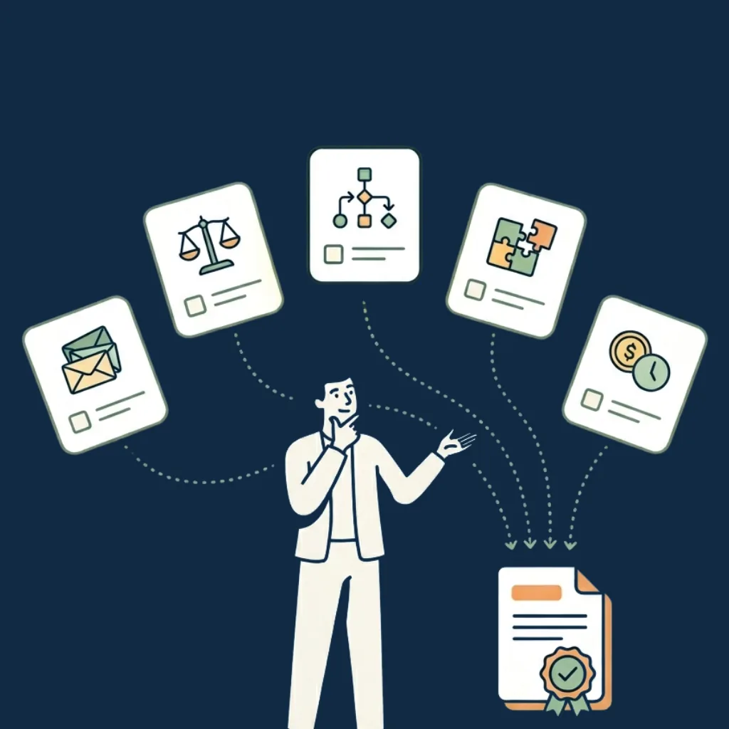 A buyer weighing five decision criteria — volume, compliance, workflows, integrations, cost — converging on a single chosen eSignature platform with a green checkmark seal