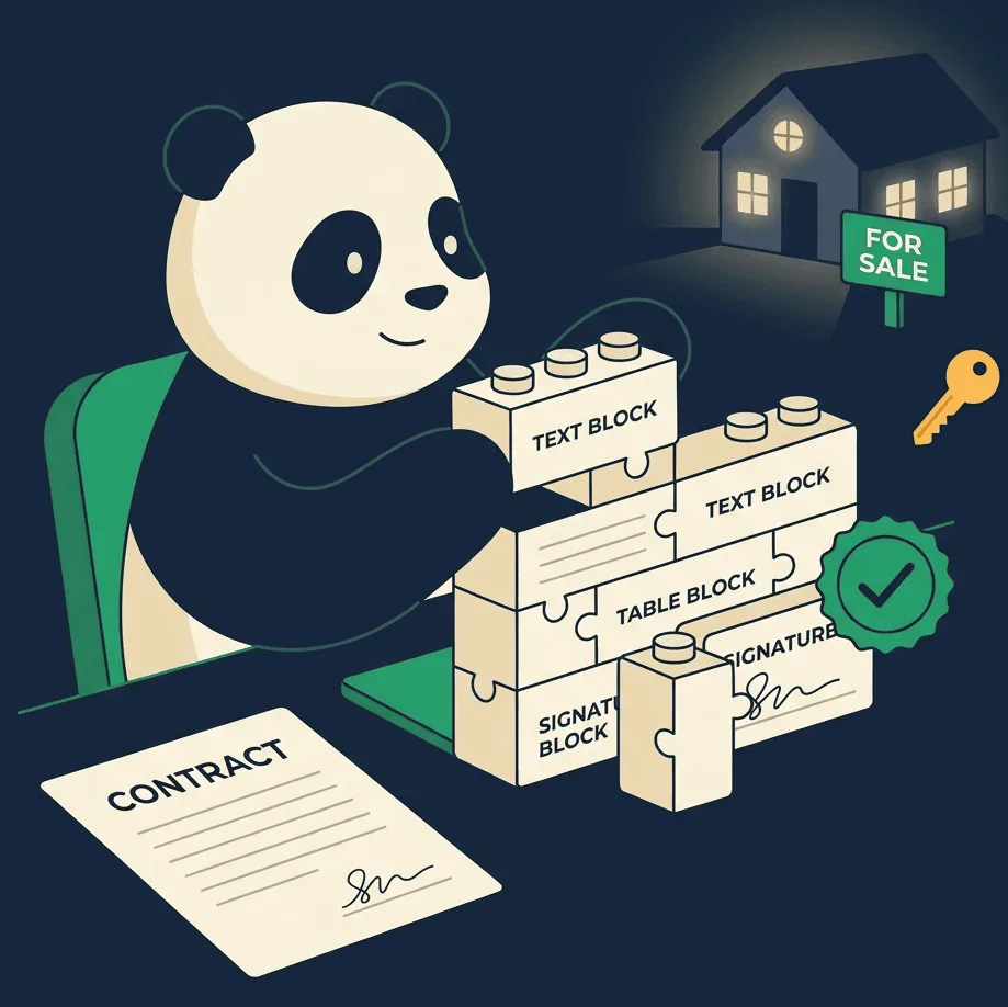 Panda baut einen Immobilienvertrag aus Inhaltsblöcken zusammen, mit unterzeichnetem Vertrag, Haus mit Verkaufsschild und grünem Siegel