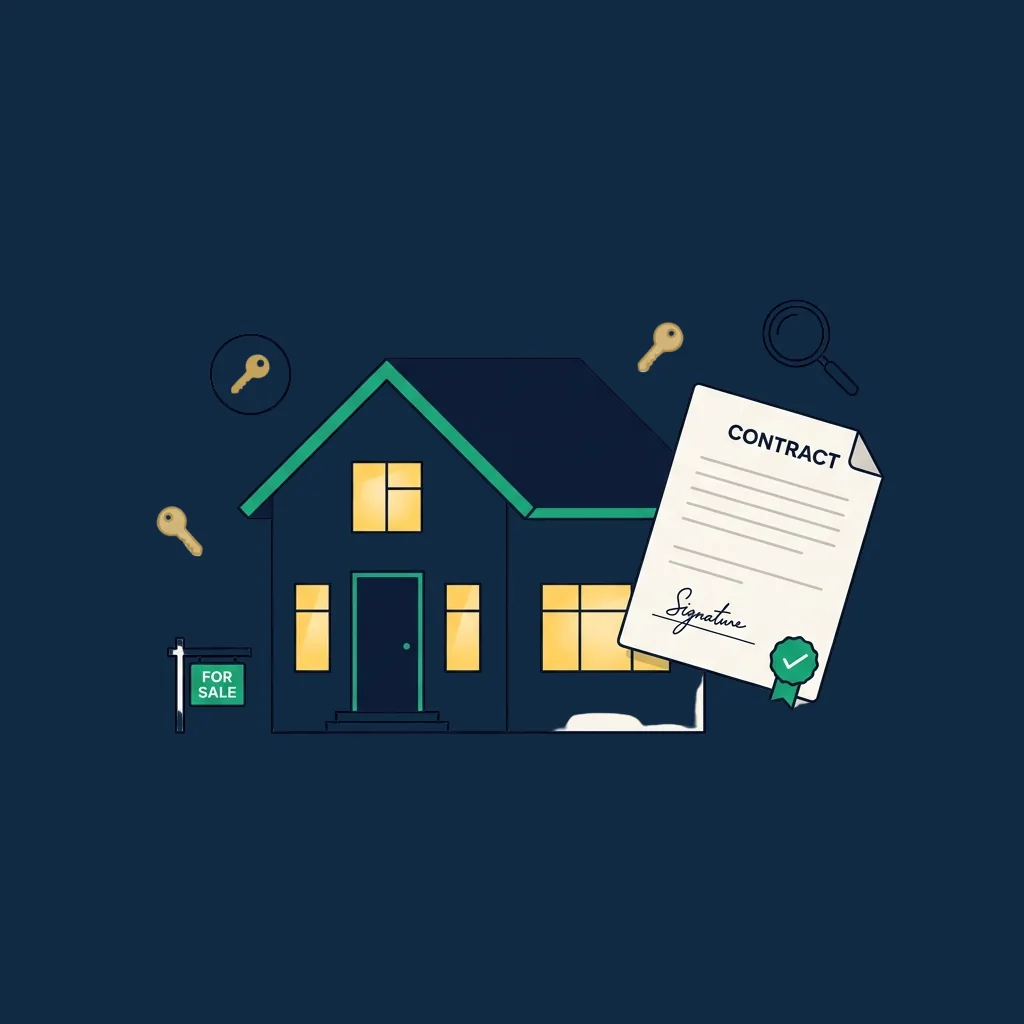Hausillustration mit unterzeichnetem Immobilienvertrag und grünem Siegel