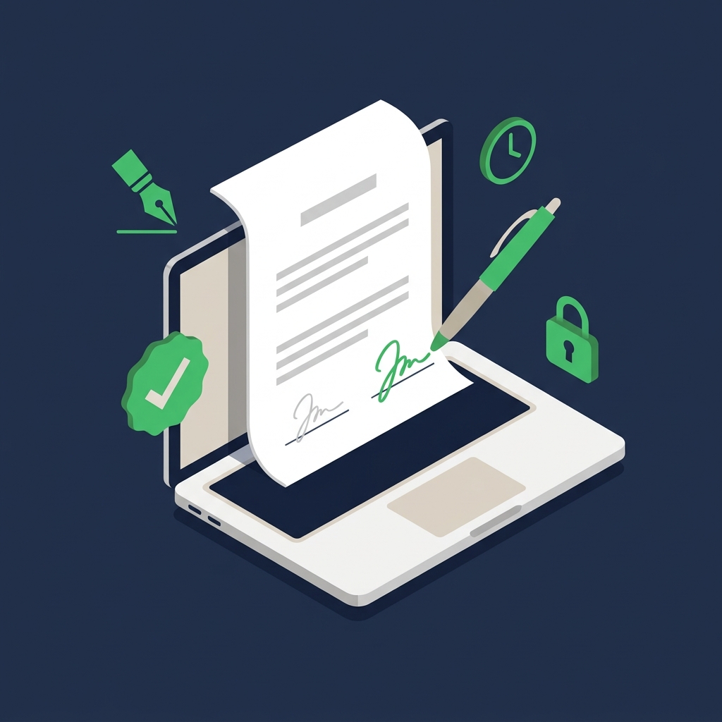 eSignature software illustrated: laptop with a signed document and supporting compliance icons