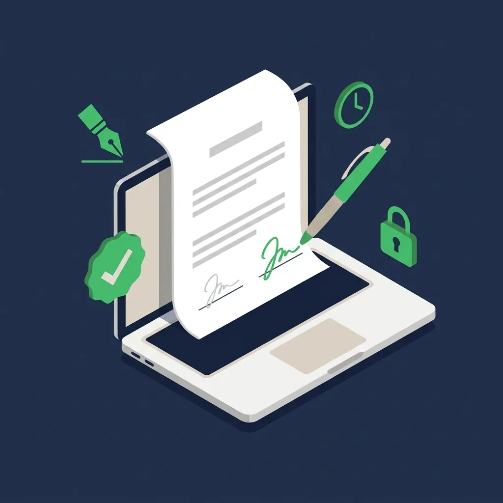 eSignature software illustrated: laptop with a signed document and supporting compliance icons