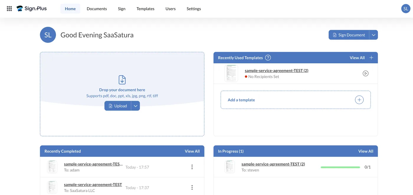 Sign.Plus home dashboard with an upload area, recent templates and in-progress documents