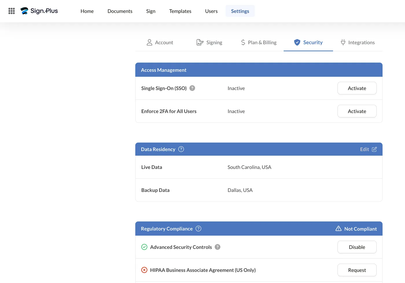 Security settings showing single sign-on, two-factor enforcement and data residency options