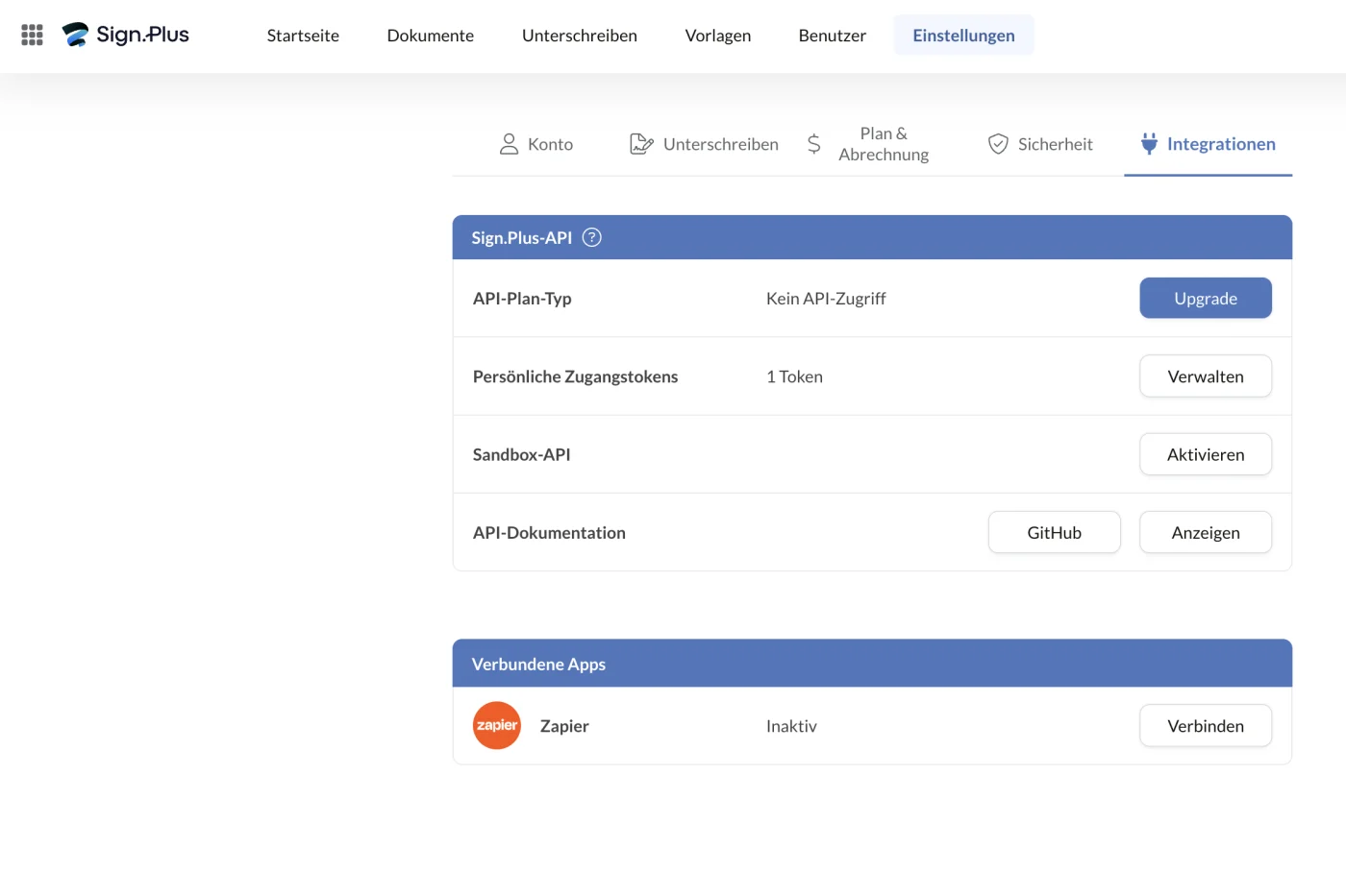 Integrationseinstellungen mit API-Plantyp, Sandbox und verbundenen Apps