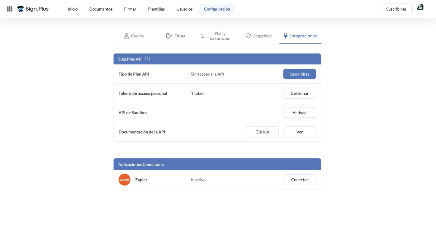 Ajustes de integraciones con el tipo de plan API, el sandbox y las aplicaciones conectadas