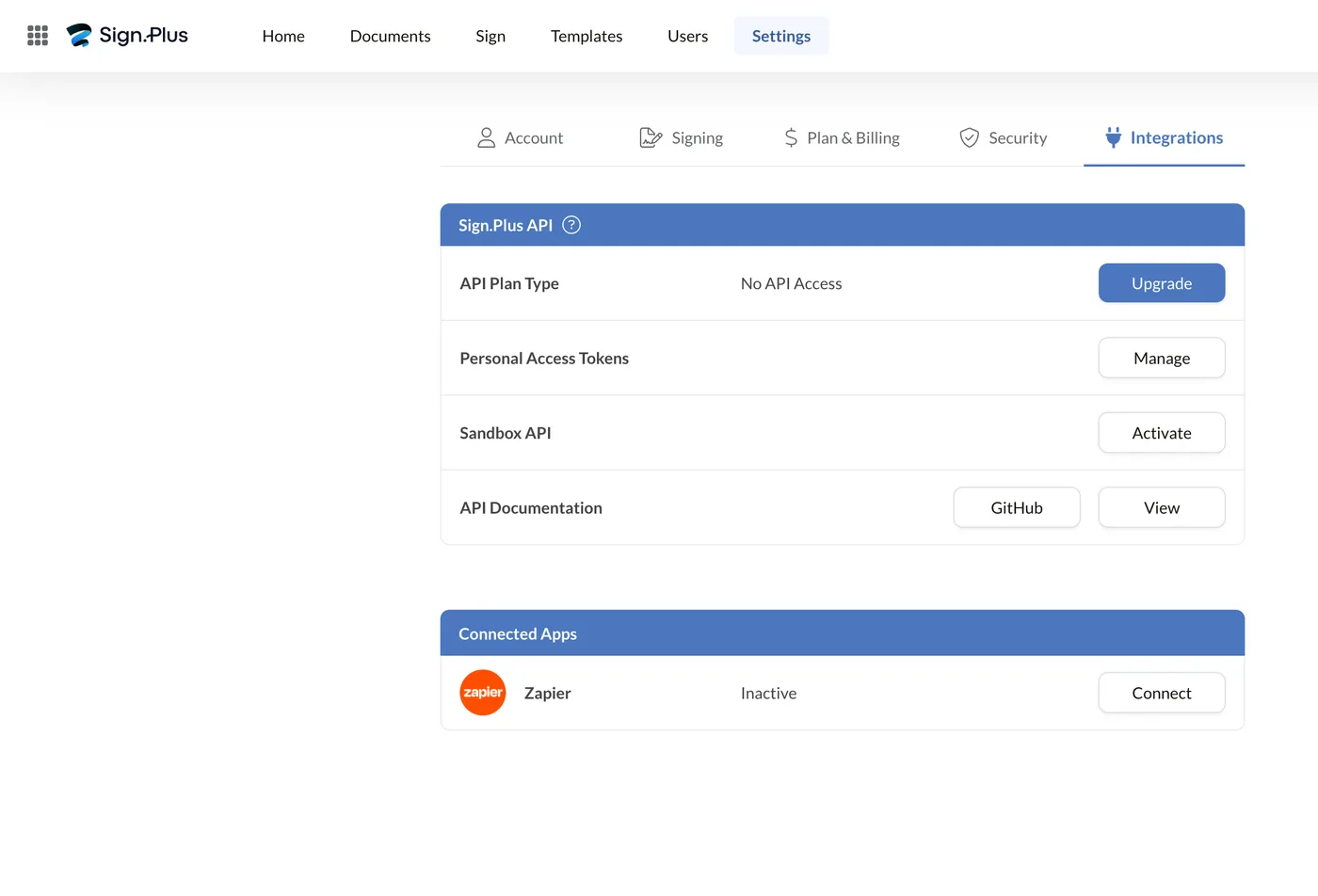 Integrations settings showing API plan type, sandbox API and connected apps