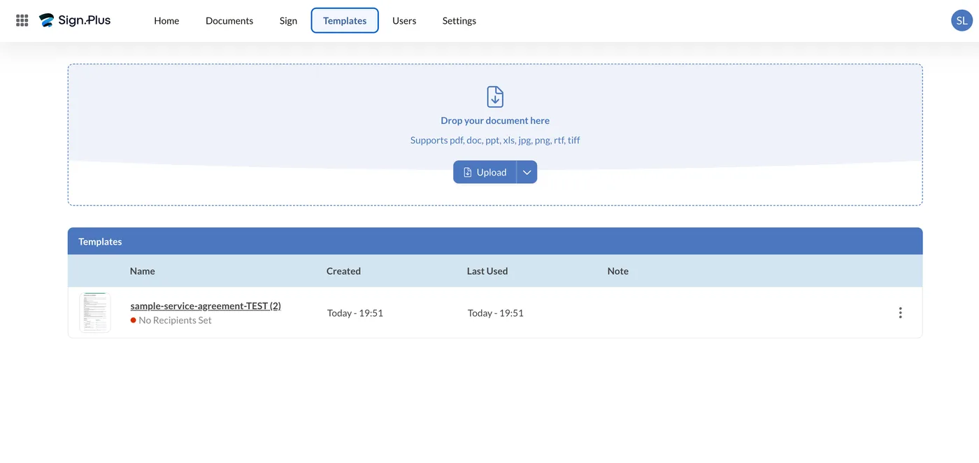 The Templates screen with an upload area and a table of saved templates