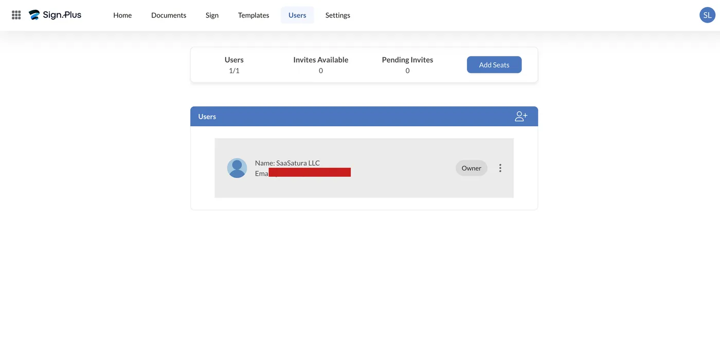 The Users screen showing seat count, invites available and an Add Seats button