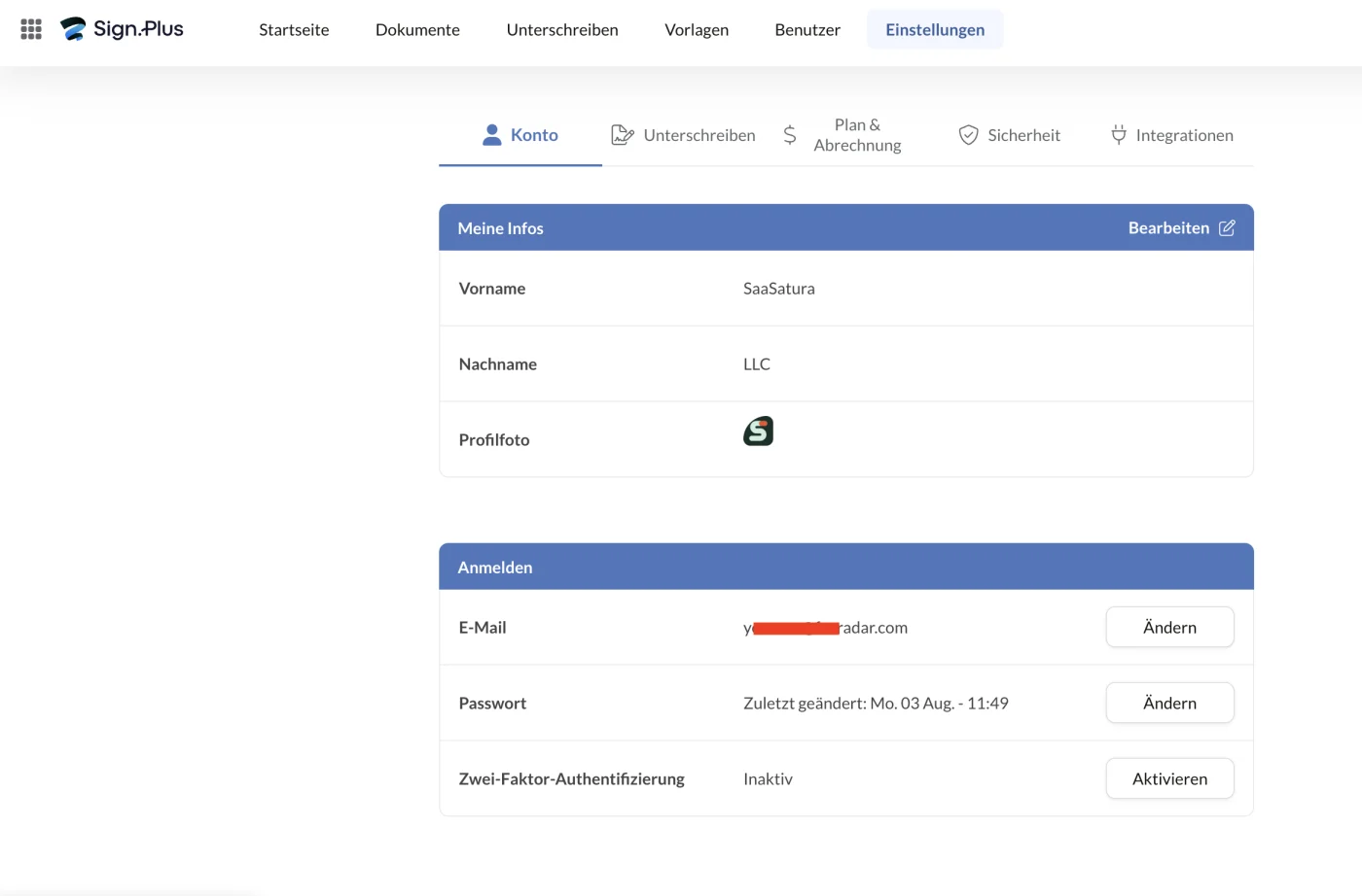 Kontoeinstellungen mit Profildaten und Zwei-Faktor-Authentifizierung