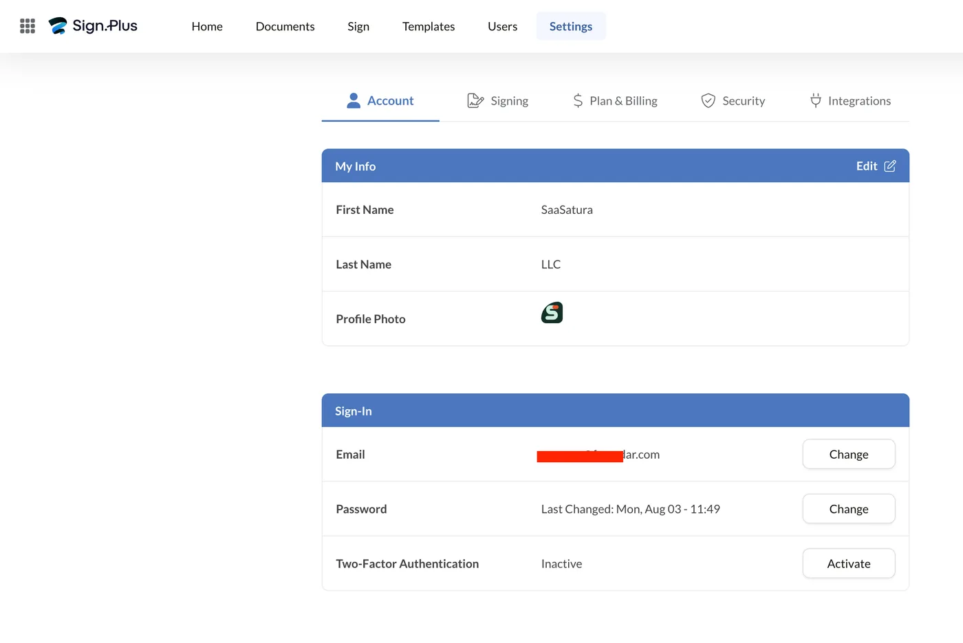 Account settings showing profile information, sign-in details and two-factor authentication