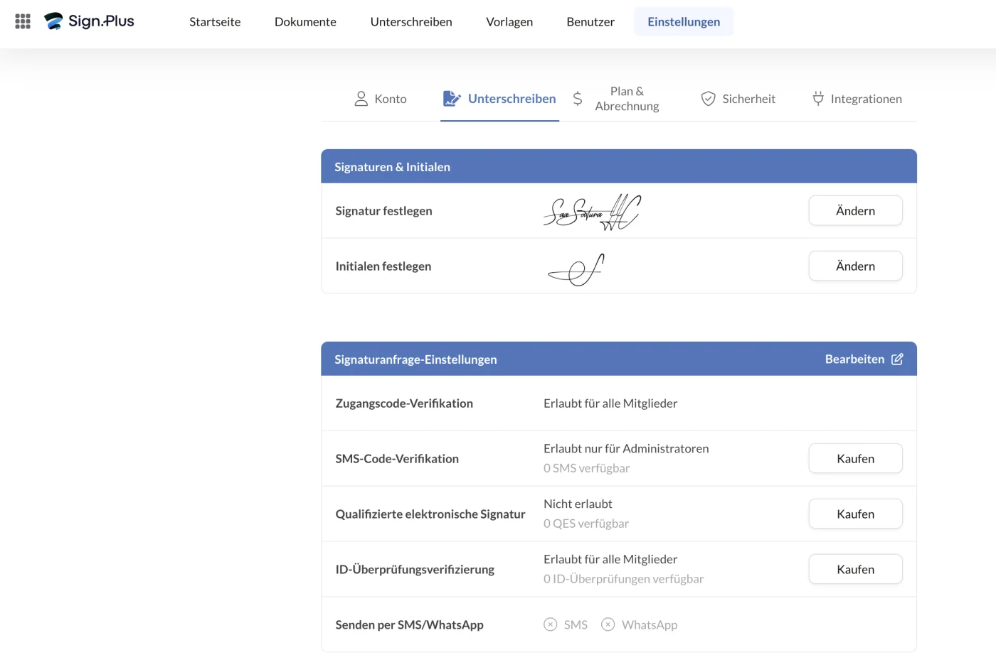 Signaturanfrage-Einstellungen mit Guthaben für SMS, qualifizierte Signatur und ID-Überprüfung auf null