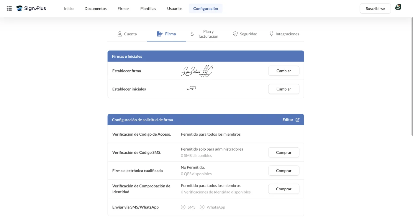 Configuración de solicitud de firma con los créditos de SMS, firma cualificada y verificación de identidad a cero
