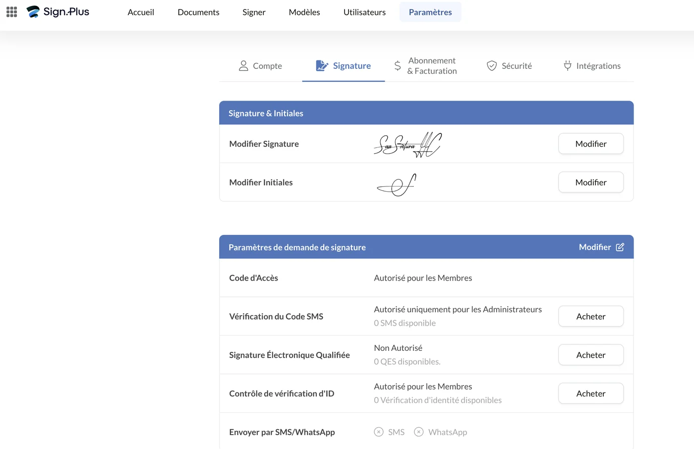 Paramètres de signature montrant les crédits SEQ, SMS et vérification d’identité à zéro