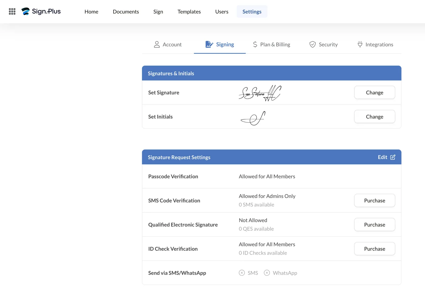 Signing settings showing saved signature and initials plus the signature request settings panel