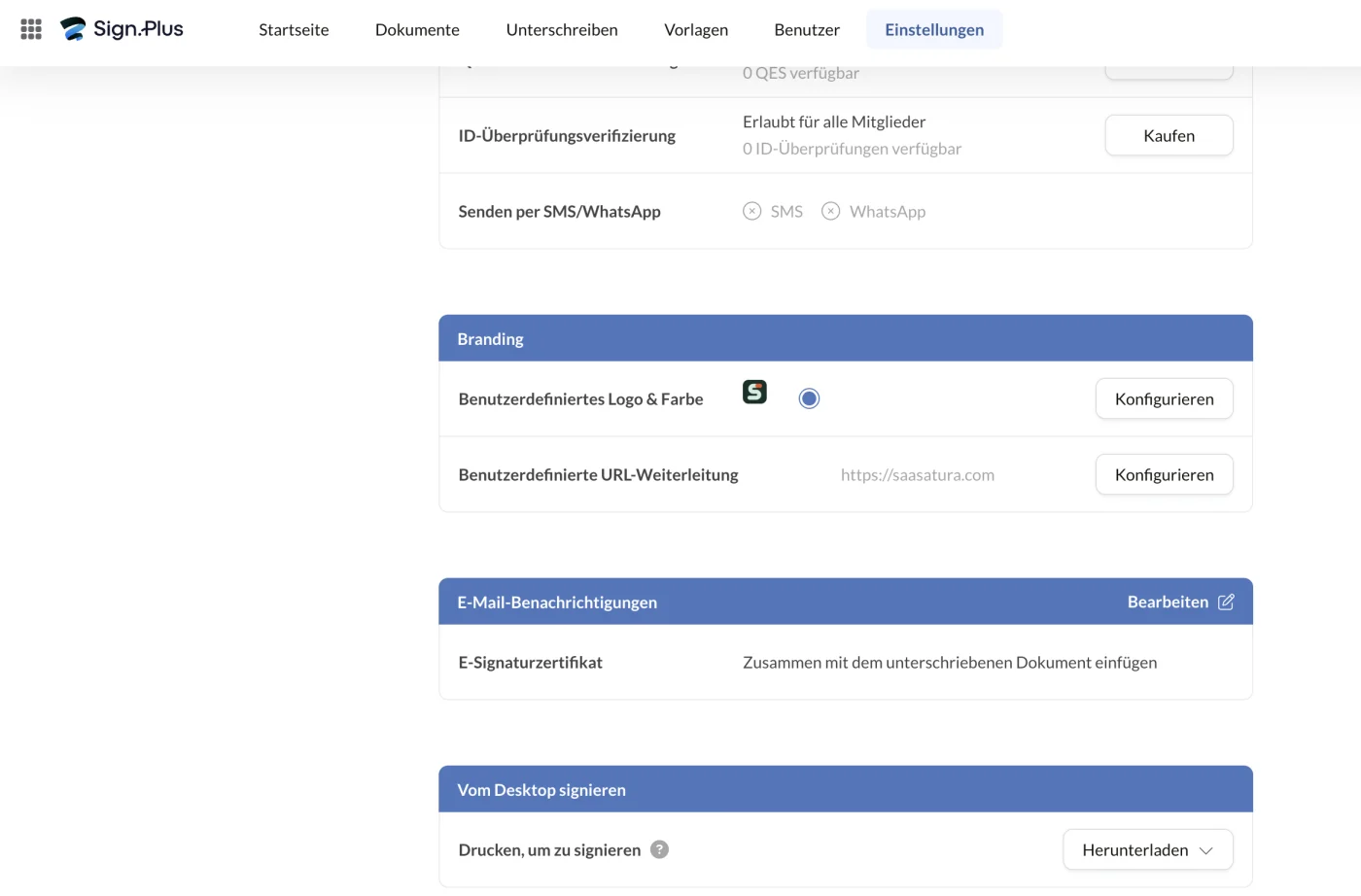 Branding-Einstellungen mit eigenem Logo, URL-Weiterleitung und E-Signaturzertifikat