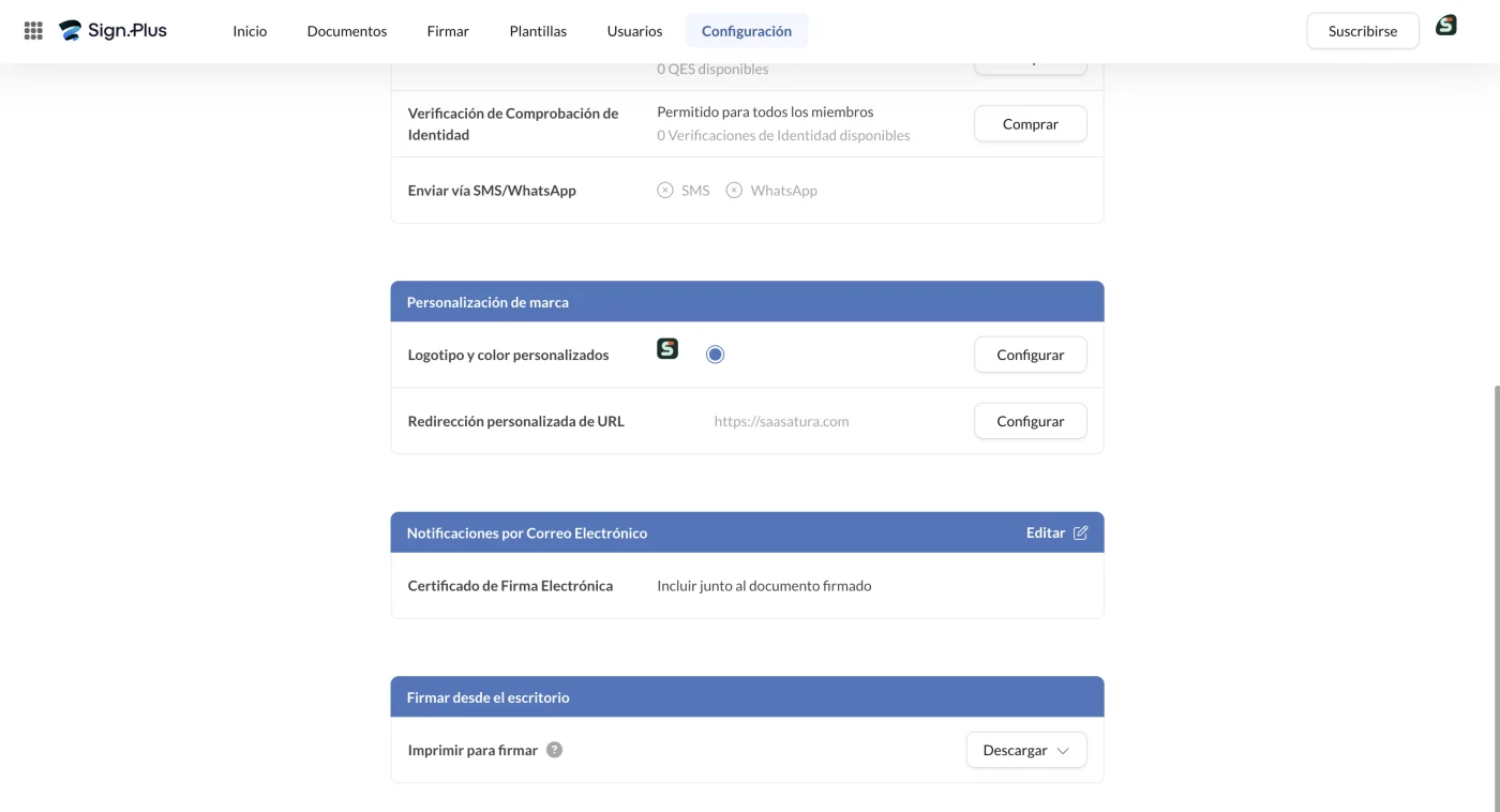 Ajustes de personalización de marca con logotipo propio, redirección de URL y certificado de firma