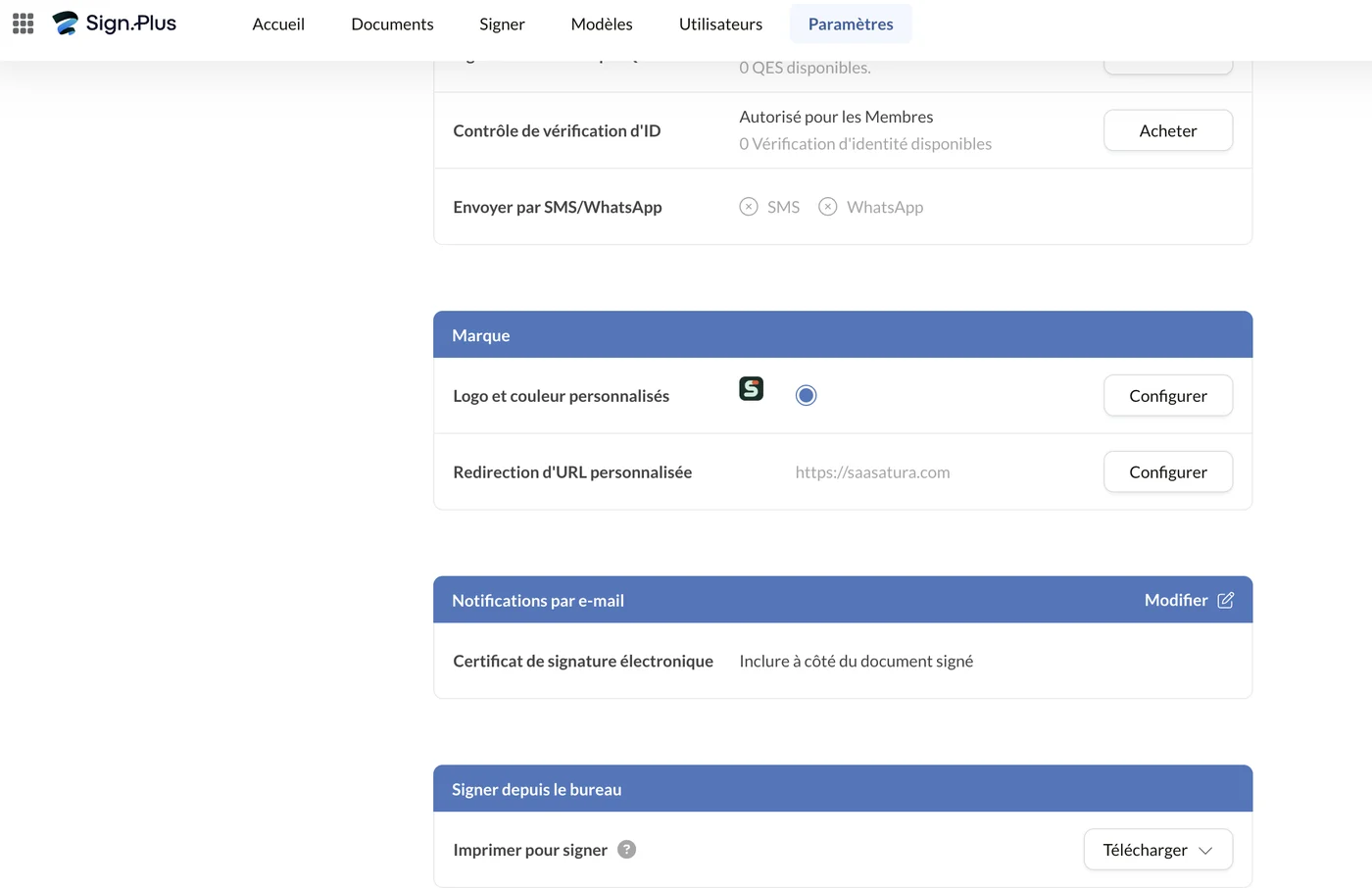 Paramètres de marque avec logo personnalisé, redirection d’URL et certificat de signature