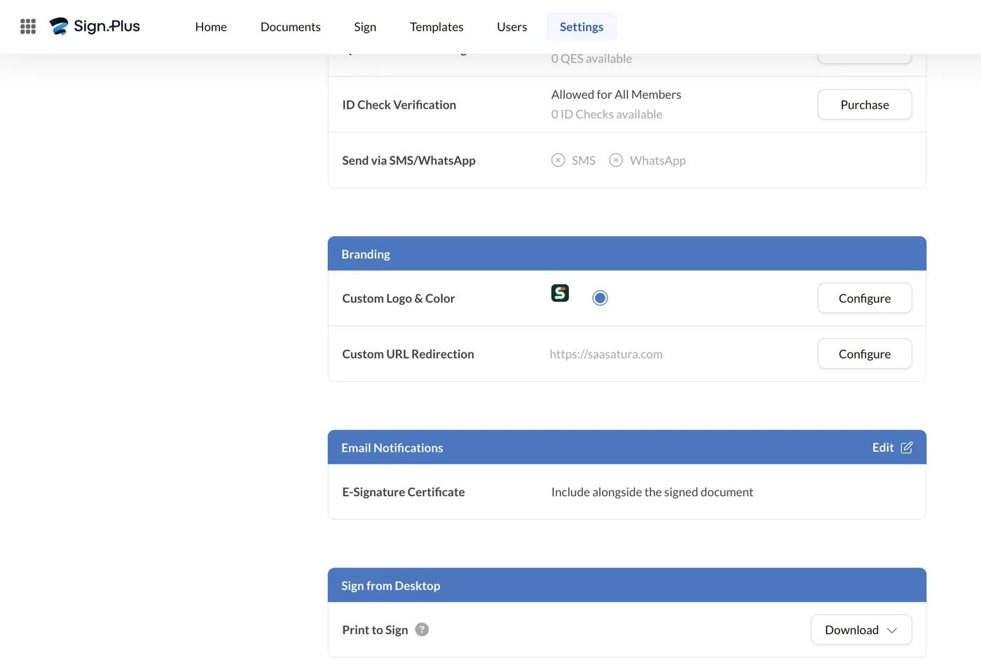 Branding settings with custom logo, custom URL redirection and e-signature certificate options