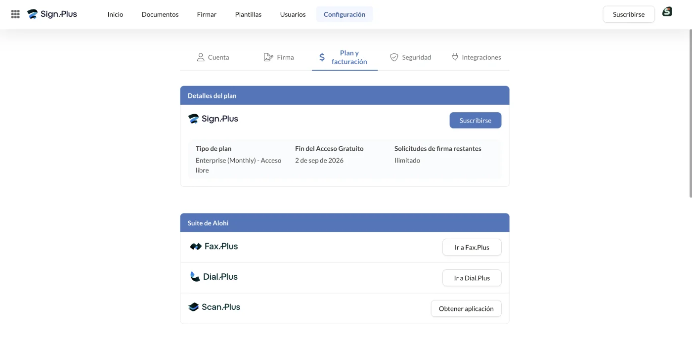 Plan y facturación con el tipo de plan, las solicitudes restantes y la suite de Alohi