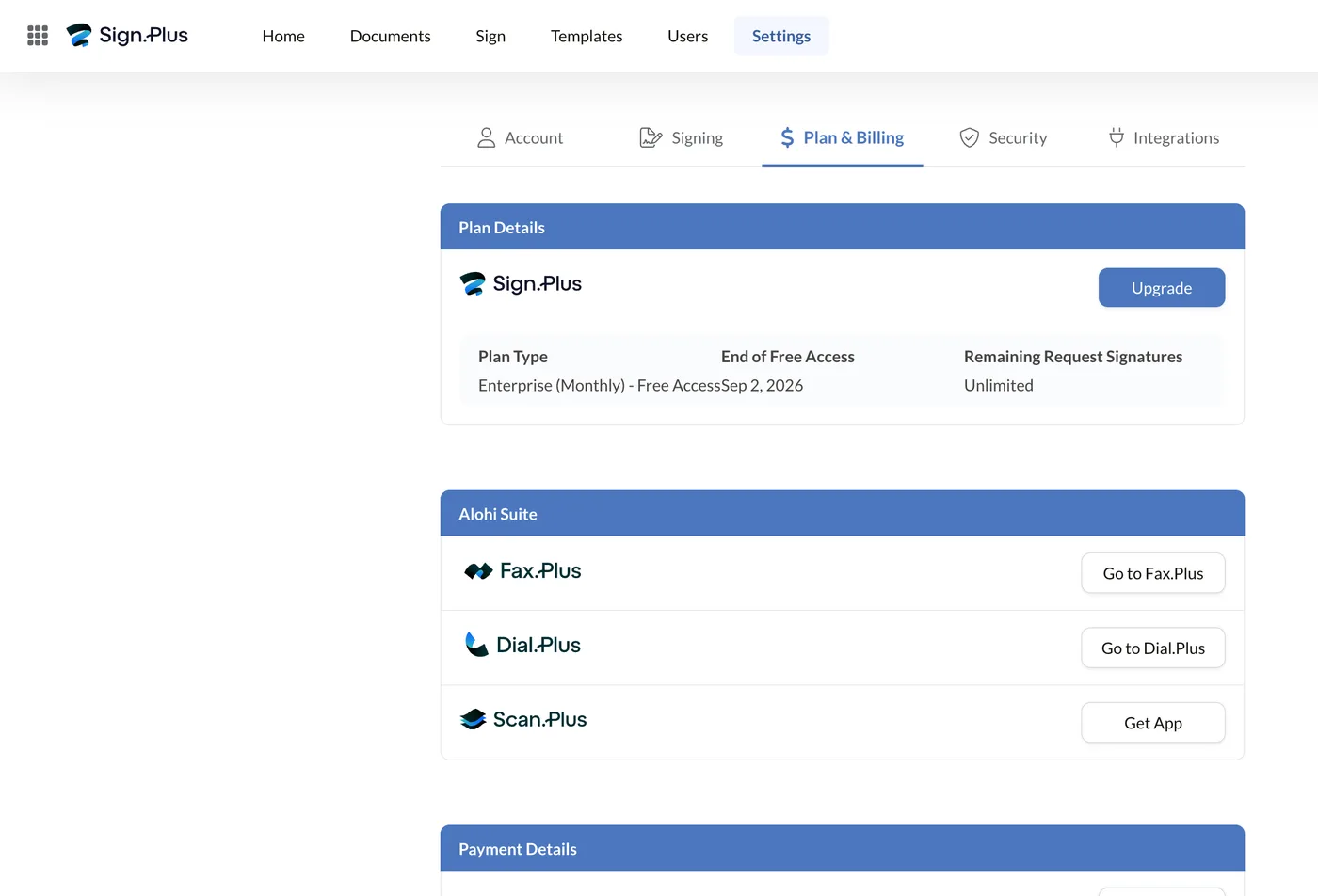 Plan and billing settings showing the plan type, request allowance and the Alohi product suite