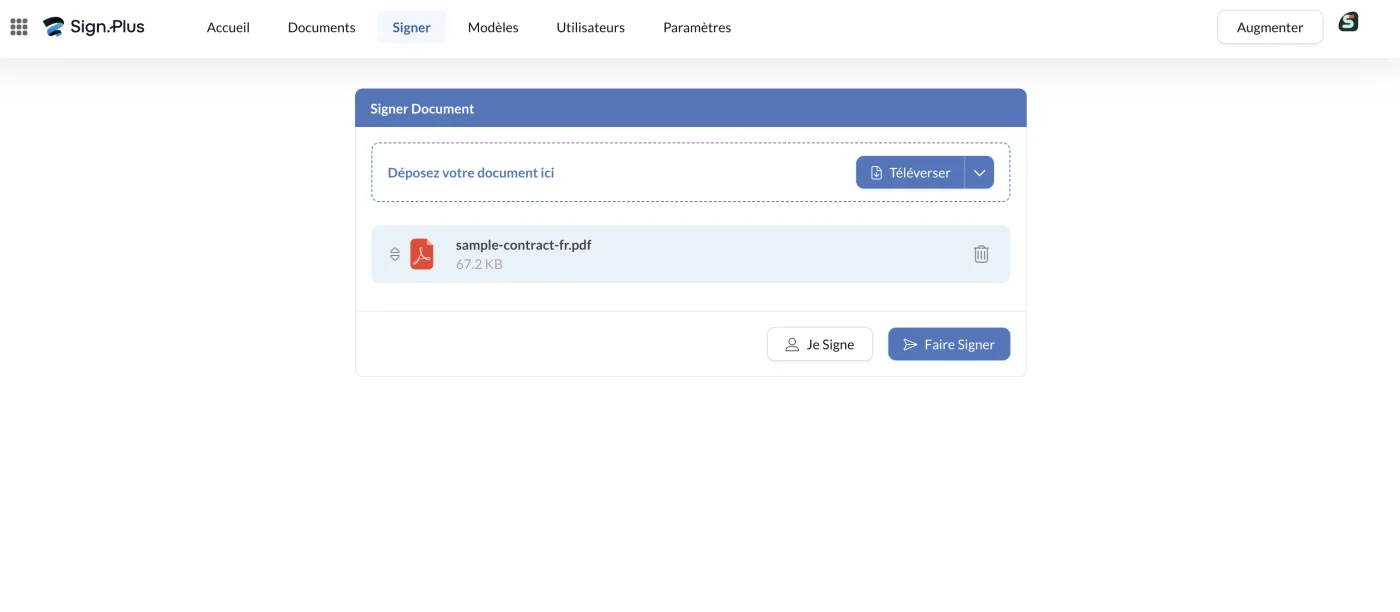 Écran de téléversement de Sign.Plus en français, contrat ajouté, avec les boutons Je Signe et Faire Signer