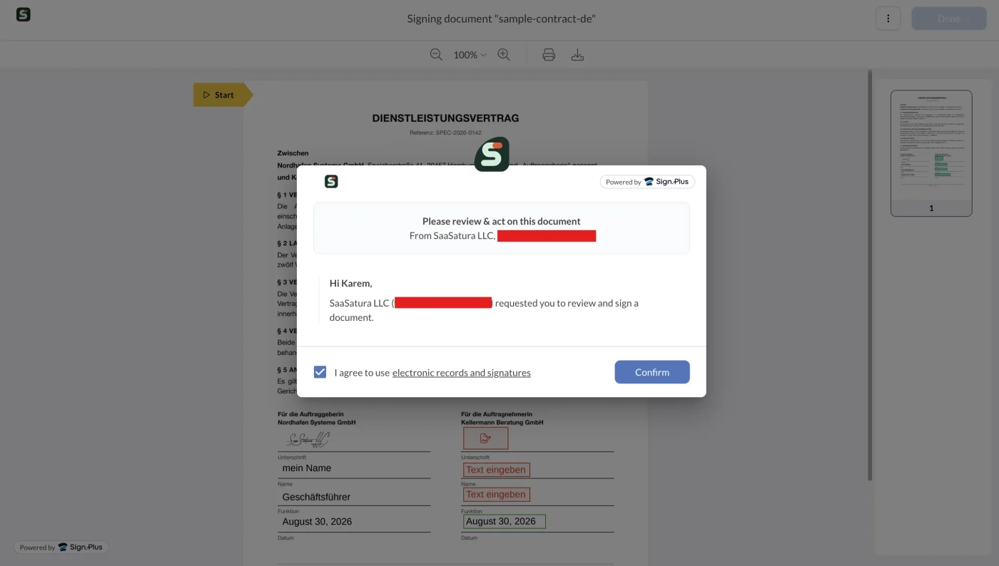 Einwilligungsdialog des Unterzeichners vor dem Zugriff auf den Vertrag
