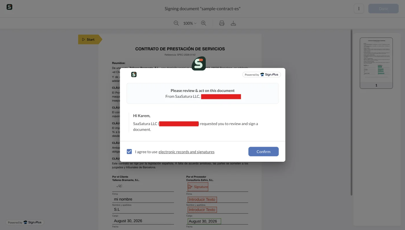 Diálogo de consentimiento del firmante antes de acceder al contrato