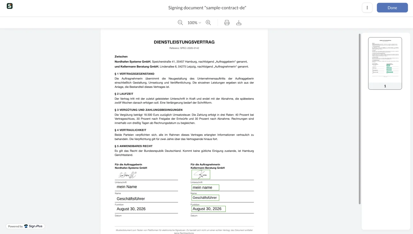 Der Unterzeichner füllt Unterschrift, Name, Funktion und Datum aus