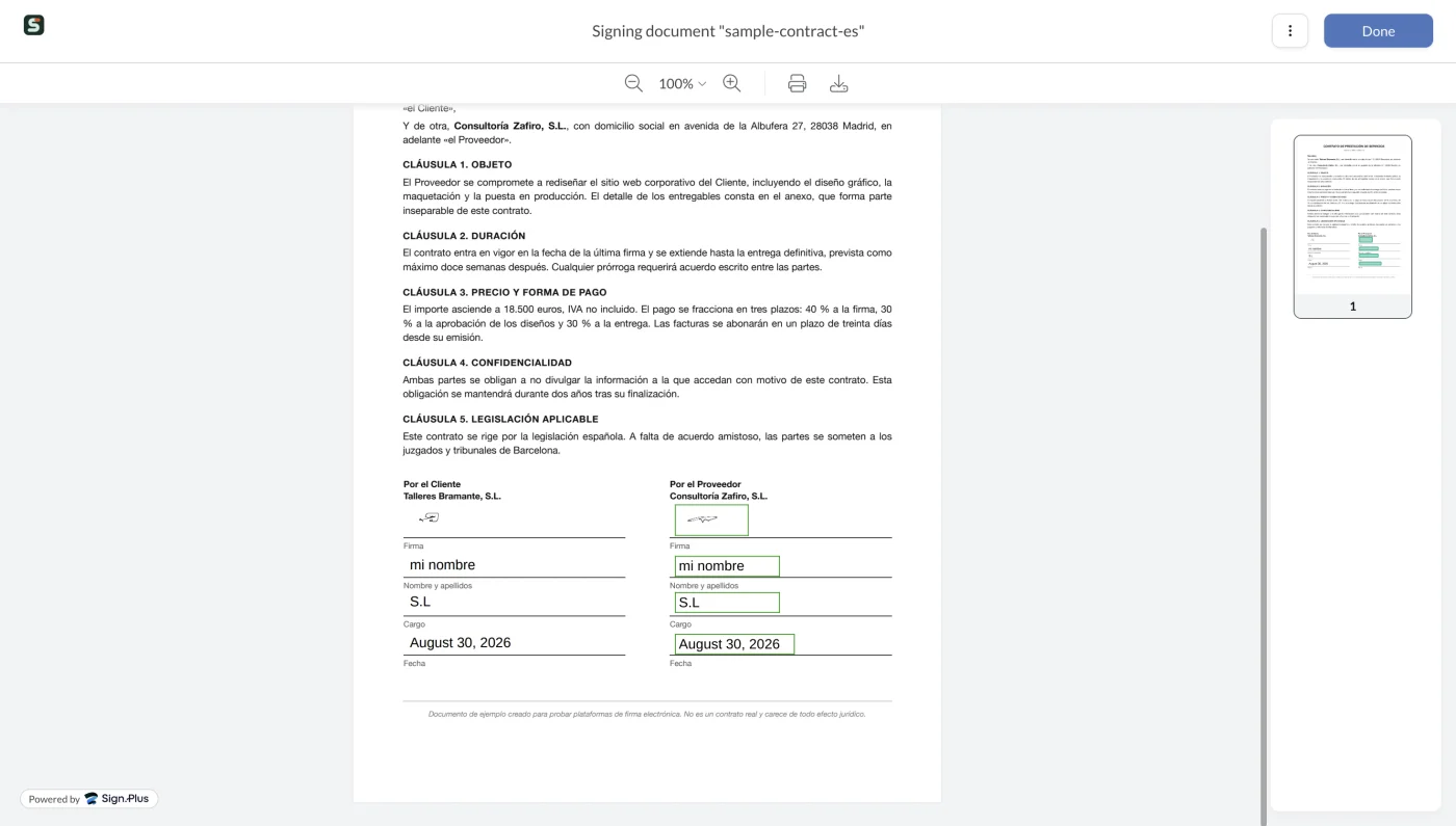 El firmante rellena firma, nombre, cargo y fecha