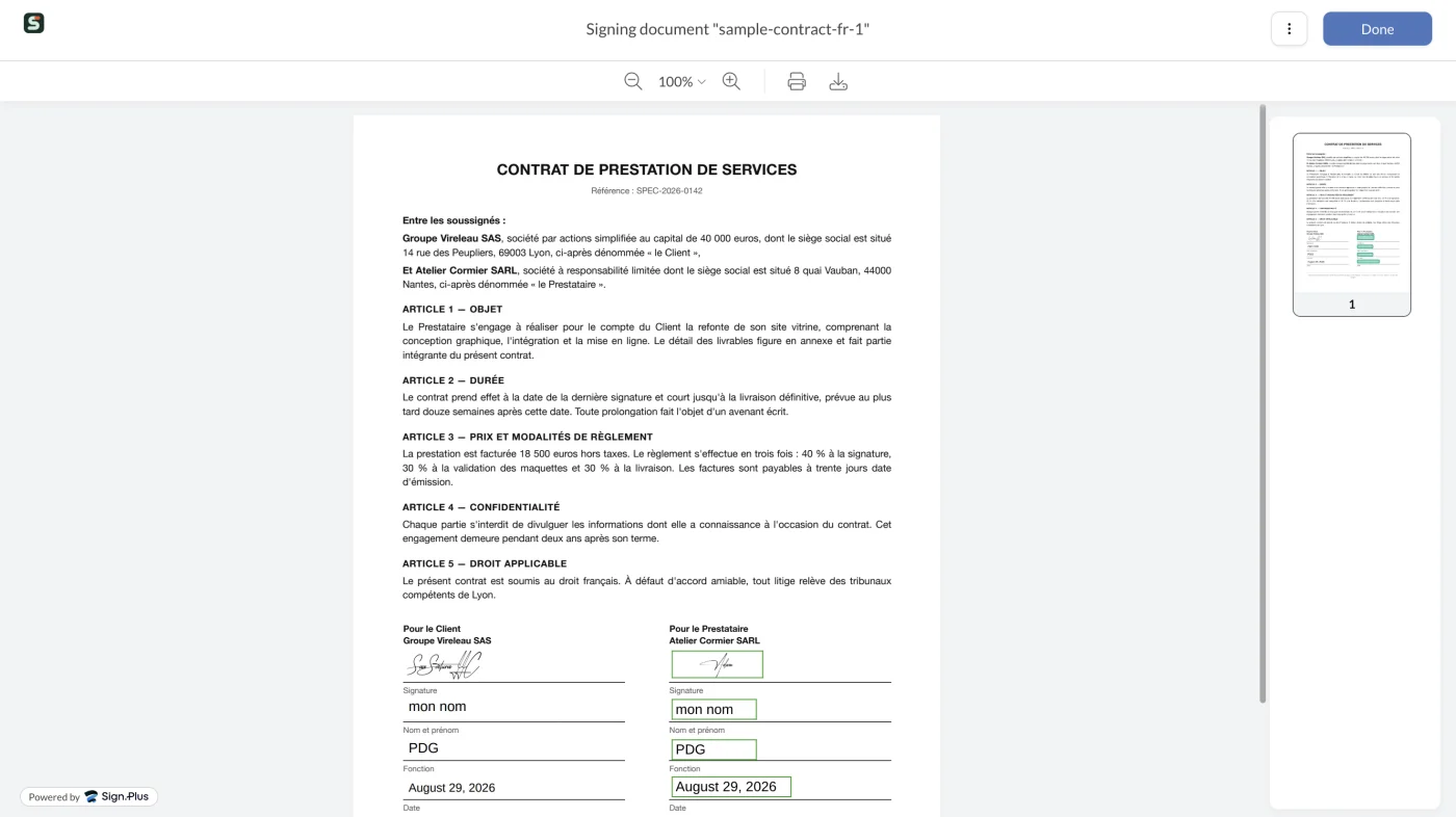 Le signataire remplit les champs signature, nom, fonction et date, guidé par le repère Start