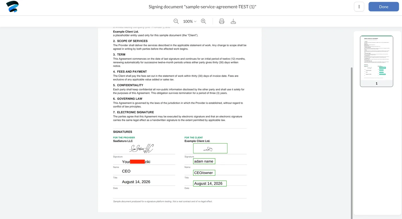 The signer completing signature, name, title and date fields, guided by the Start marker