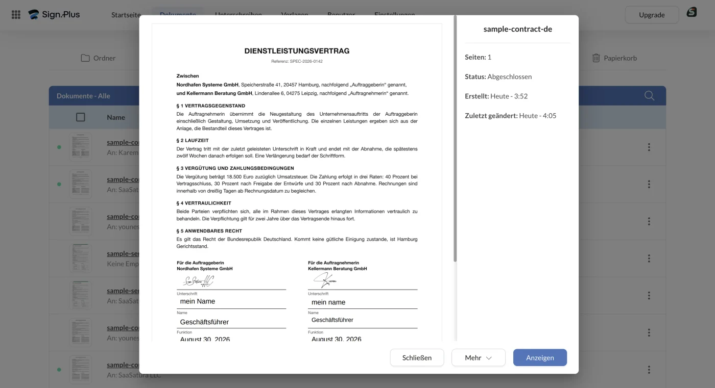 Der fertige Vertrag mit beiden Unterschriften und dem Detailfenster mit Status Abgeschlossen