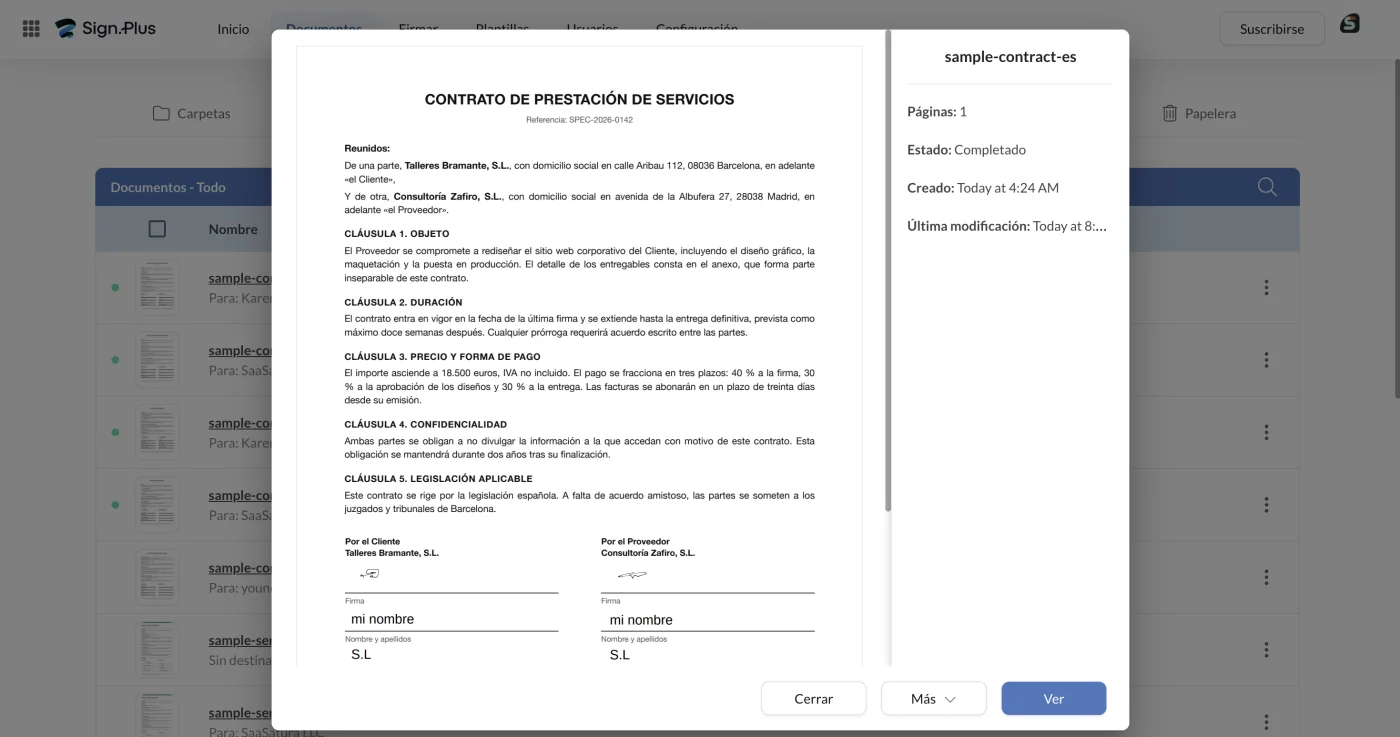 El contrato terminado con las dos firmas y el panel de detalle en estado Completado