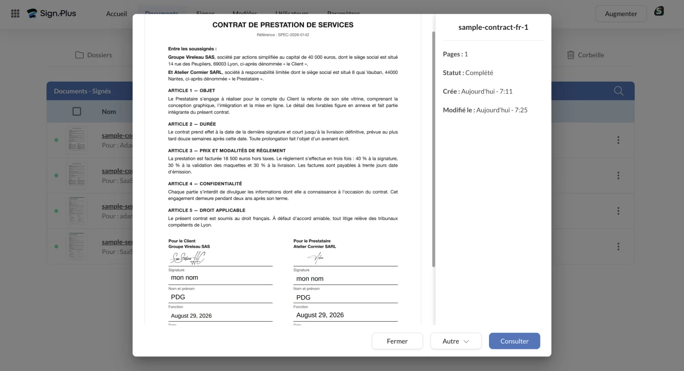 Le contrat finalisé dans Sign.Plus avec les deux signatures et le panneau de détail