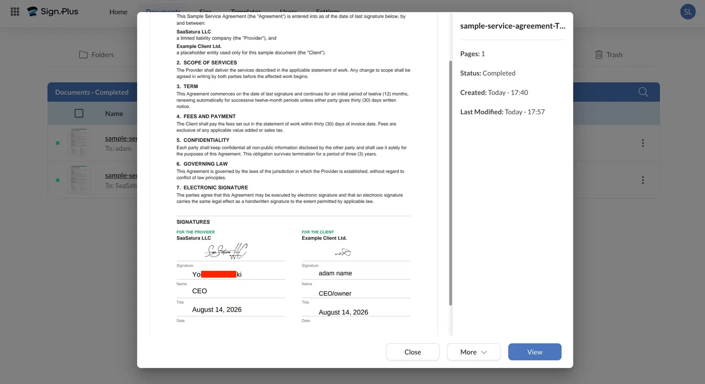 The completed agreement in Sign.Plus showing both signatures and a Completed status panel