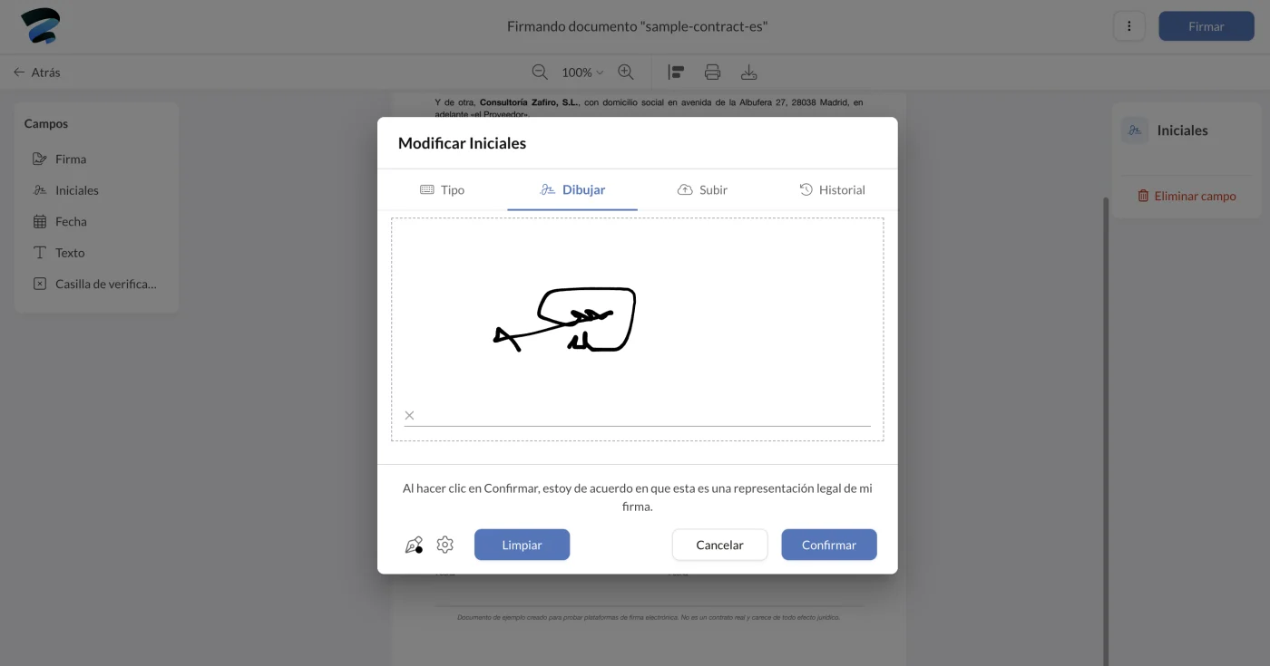 Cuadro Modificar Iniciales con las pestañas Tipo, Dibujar, Subir e Historial y un trazo a mano