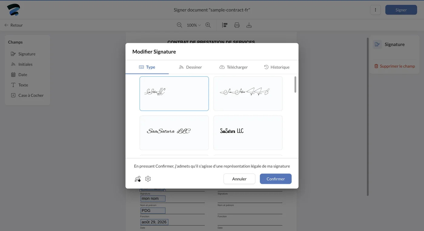 Fenêtre Modifier Signature avec les onglets Type, Dessiner, Télécharger et Historique