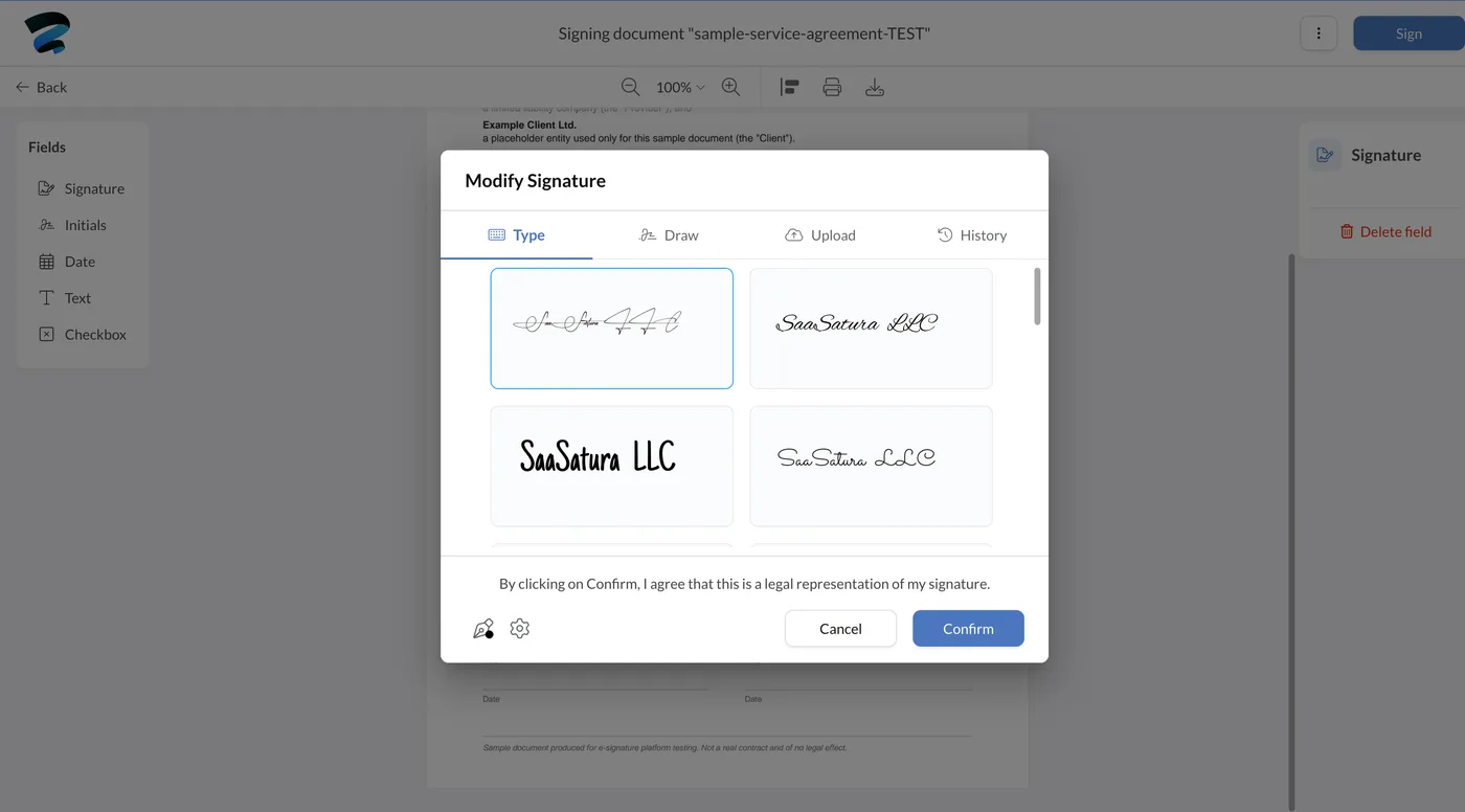Sign.Plus Modify Signature dialog showing Type, Draw, Upload and History tabs with generated handwriting styles