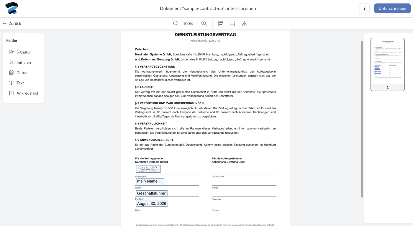 Der Mustervertrag mit gesetzter Unterschrift, Name, Funktion und Datum im Editor