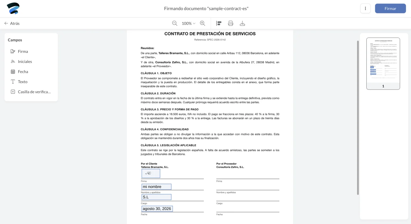 El contrato de ejemplo con firma, nombre, cargo y fecha ya puestos en el editor