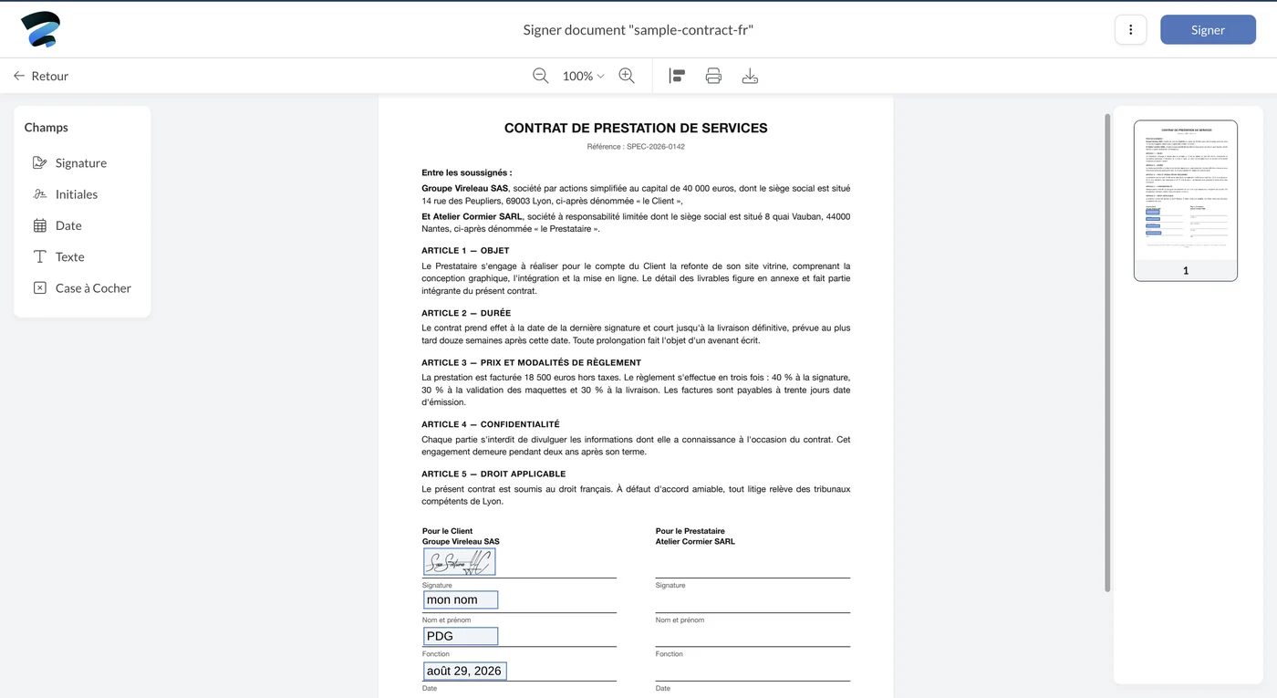 Le contrat de prestation signé dans l’éditeur Sign.Plus avec les champs signature, nom, fonction et date remplis