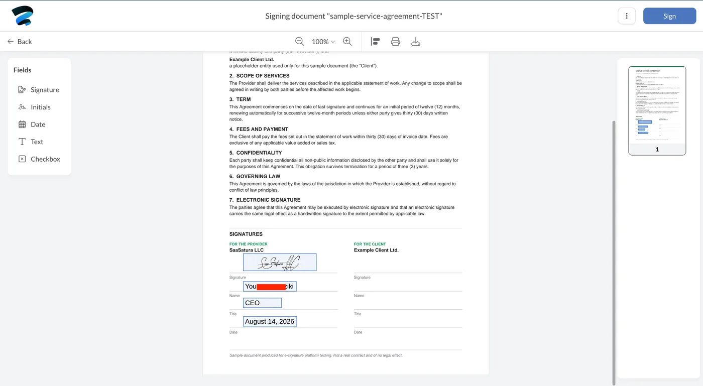 The sample agreement with signature, name, title and date fields completed in the Sign.Plus editor