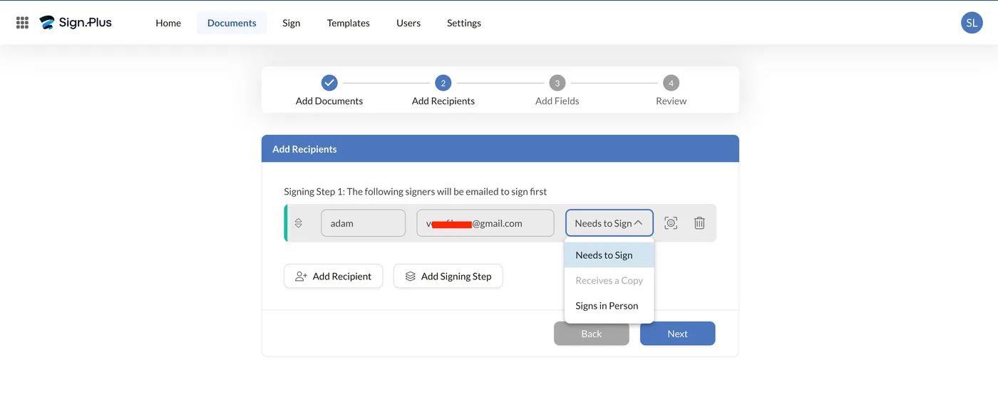 Sign.Plus Add Recipients step with the role dropdown open showing Needs to Sign, Receives a Copy and Signs in Person
