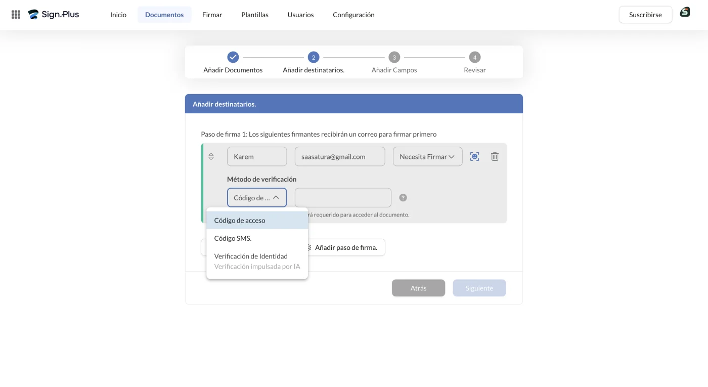 Desplegable de método de verificación con código de acceso, código SMS y verificación de identidad