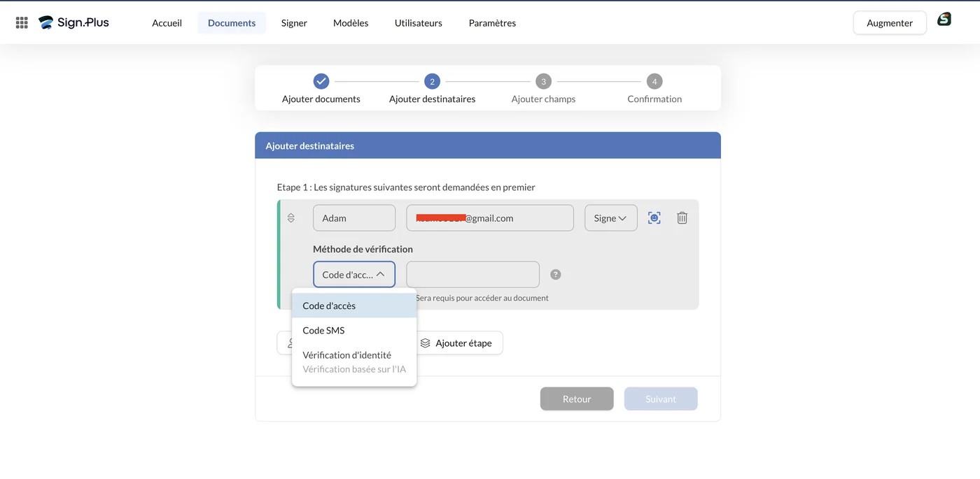 Menu Méthode de vérification proposant Code d’accès, Code SMS et Vérification d’identité