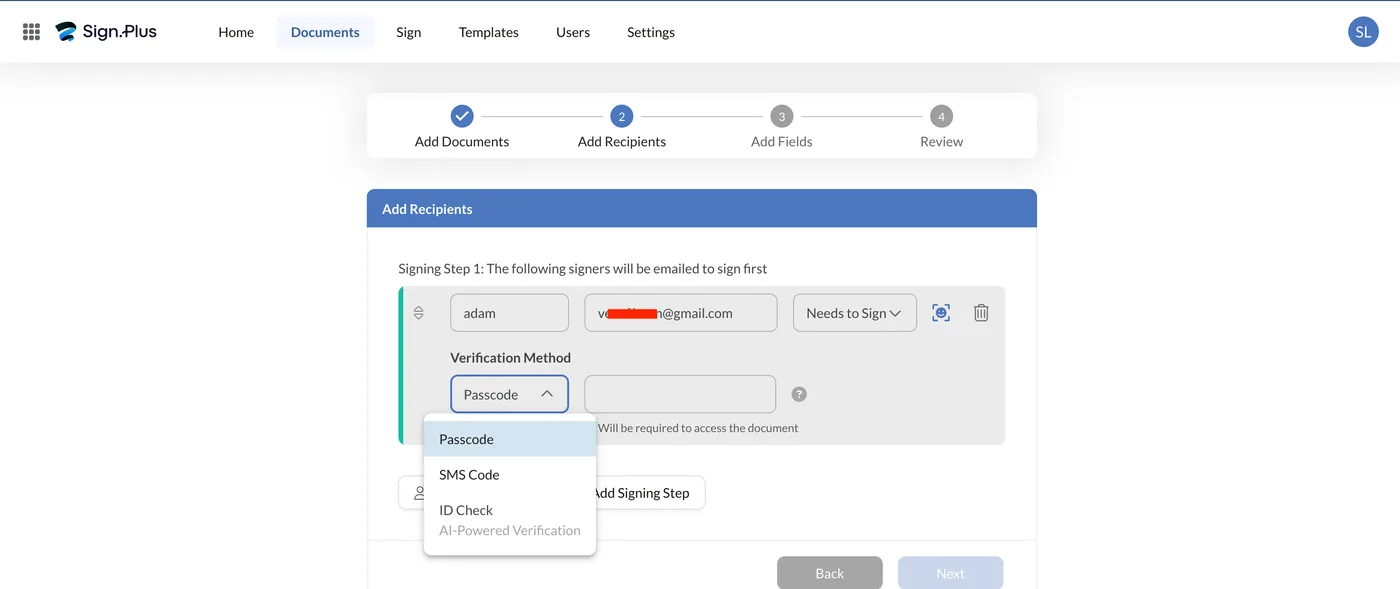 Sign.Plus verification method dropdown offering Passcode, SMS Code and AI-powered ID Check