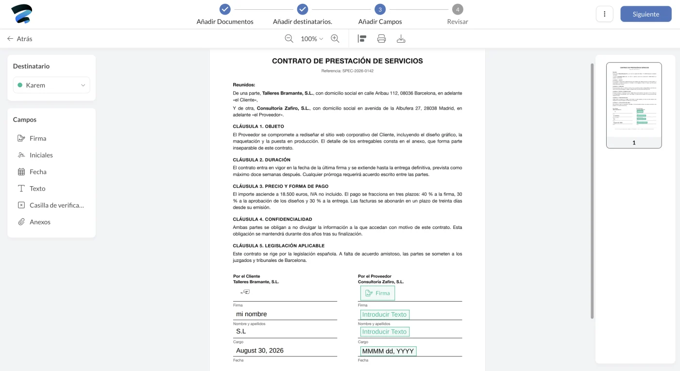Paso Añadir Campos con el selector de destinatario y los campos del cliente en verde