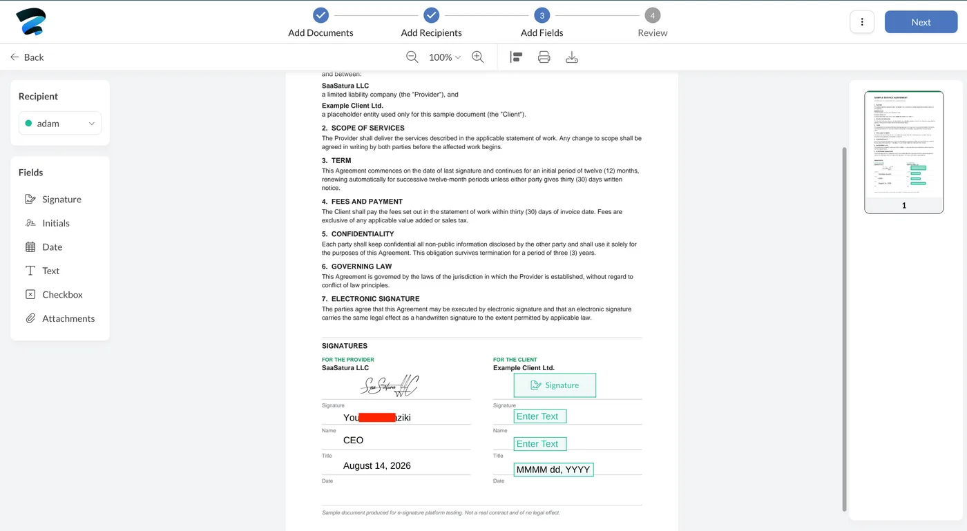 Sign.Plus Add Fields step with the recipient selector and green placeholder fields for the client