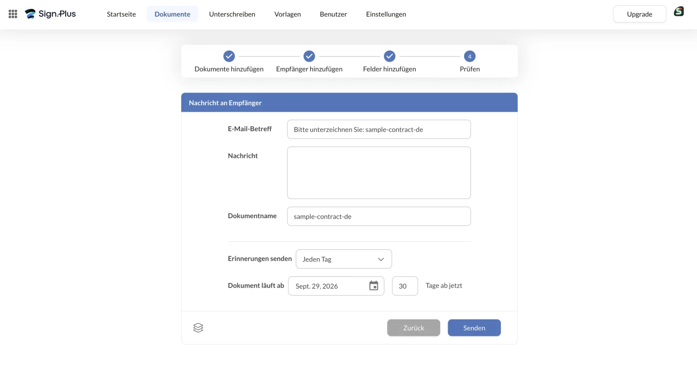 Versandschritt mit E-Mail-Betreff, täglicher Erinnerung und Ablauf nach 30 Tagen